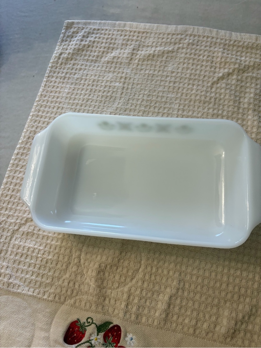 Anchor Hocking Milk Glass Casserole with Olive Green Floral Motif - Picture 2 of 7